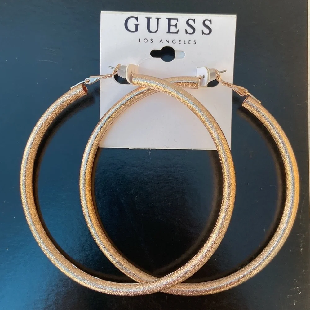 New GUESS Rose Gold-Tone Large Glitter Hoop Earrings